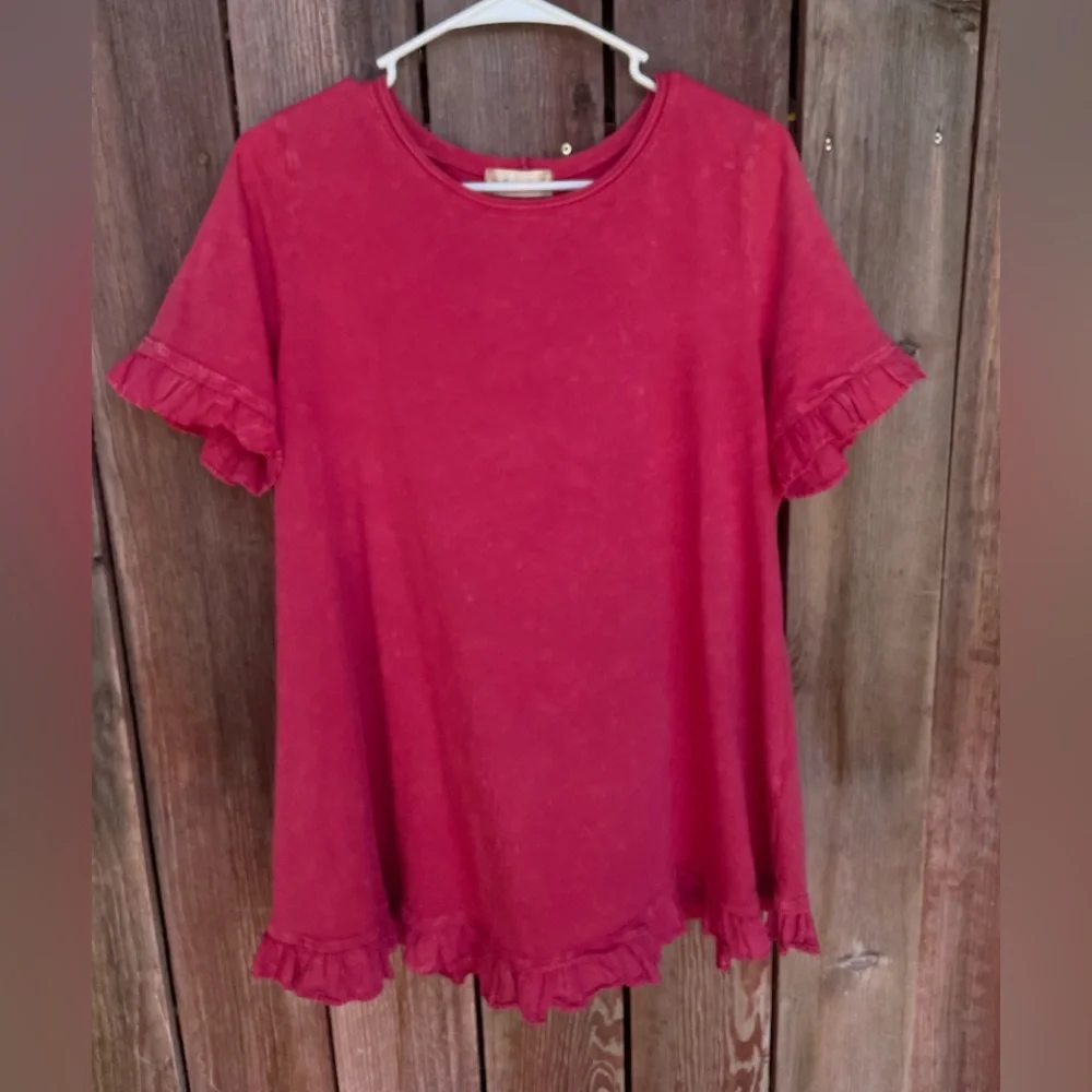 Altar'd State Ruffled Hem Short Sleeve Pink Top.  Size Large - Picture 3 of 15